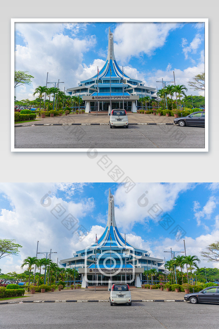 蓝白色顶雨伞形古晋市政厅建筑摄影图片图片