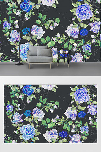 北欧简约手绘唯美花卉客厅沙发背景墙图片