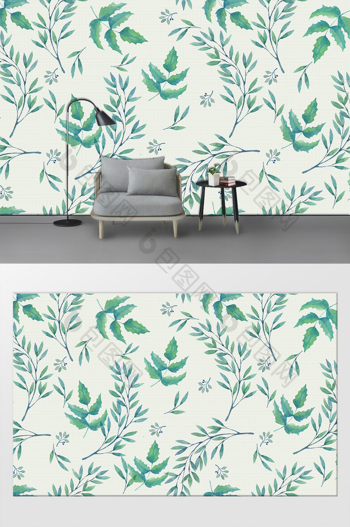 手绘北欧简约绿色植物客厅沙发背景