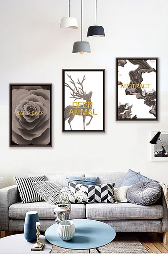 北欧风黑白抽象麋鹿玫瑰风景客厅卧室装饰画图片