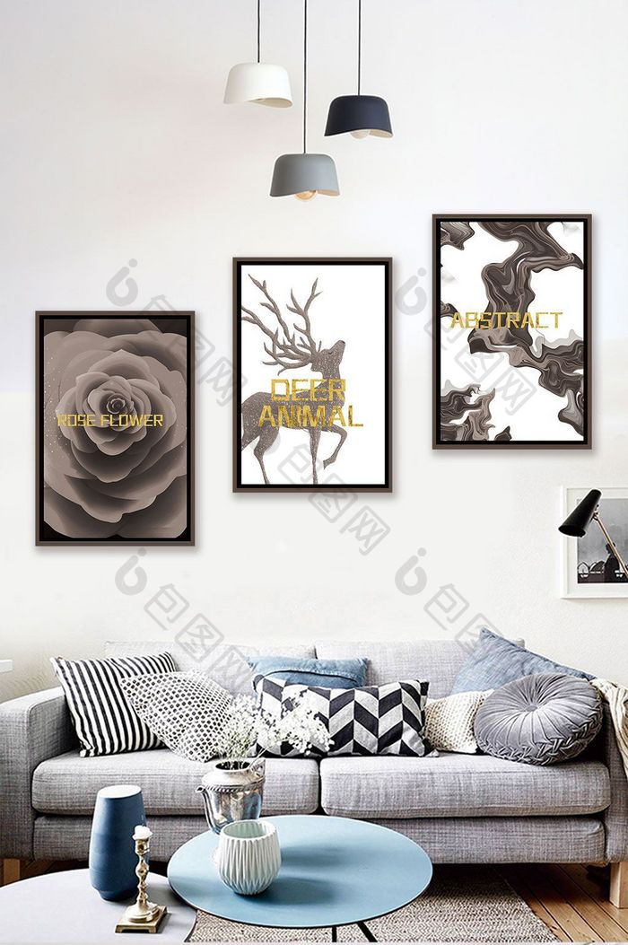 北欧风黑白抽象麋鹿玫瑰风景客厅卧室装饰画
