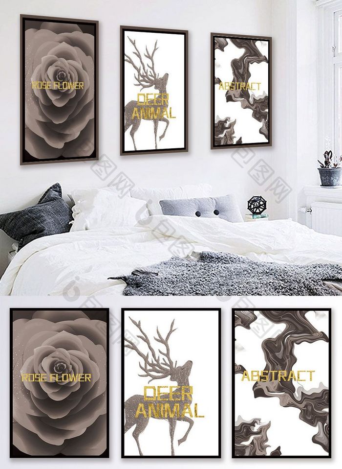 北欧风黑白抽象麋鹿玫瑰风景客厅卧室装饰画