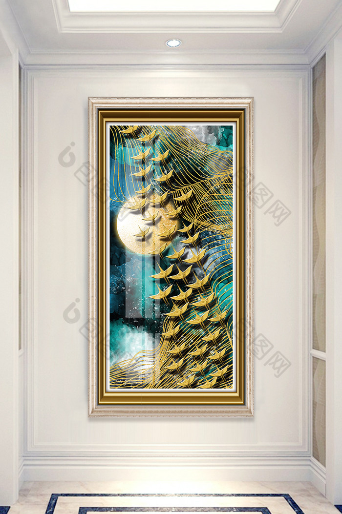 新中式淡彩金色立体飞鸟风景晶瓷玄关装饰画图片图片