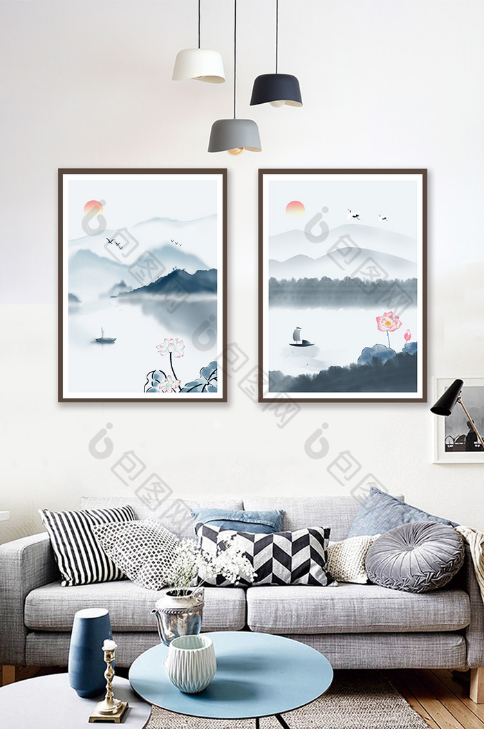 中国风水墨山水荷花飞鸟客厅双联装饰画