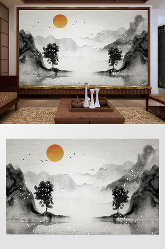 中式水墨山水小船电视壁画背景墙图片