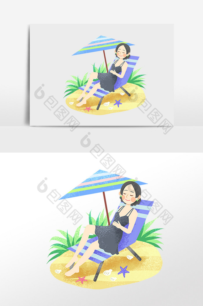 手绘夏日海滩游玩女孩插画