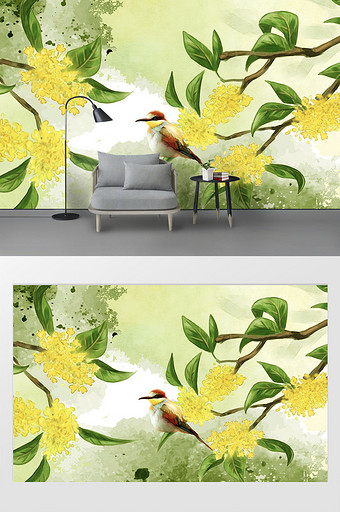 新现代简约手绘水彩花卉花鸟电视背景墙图片