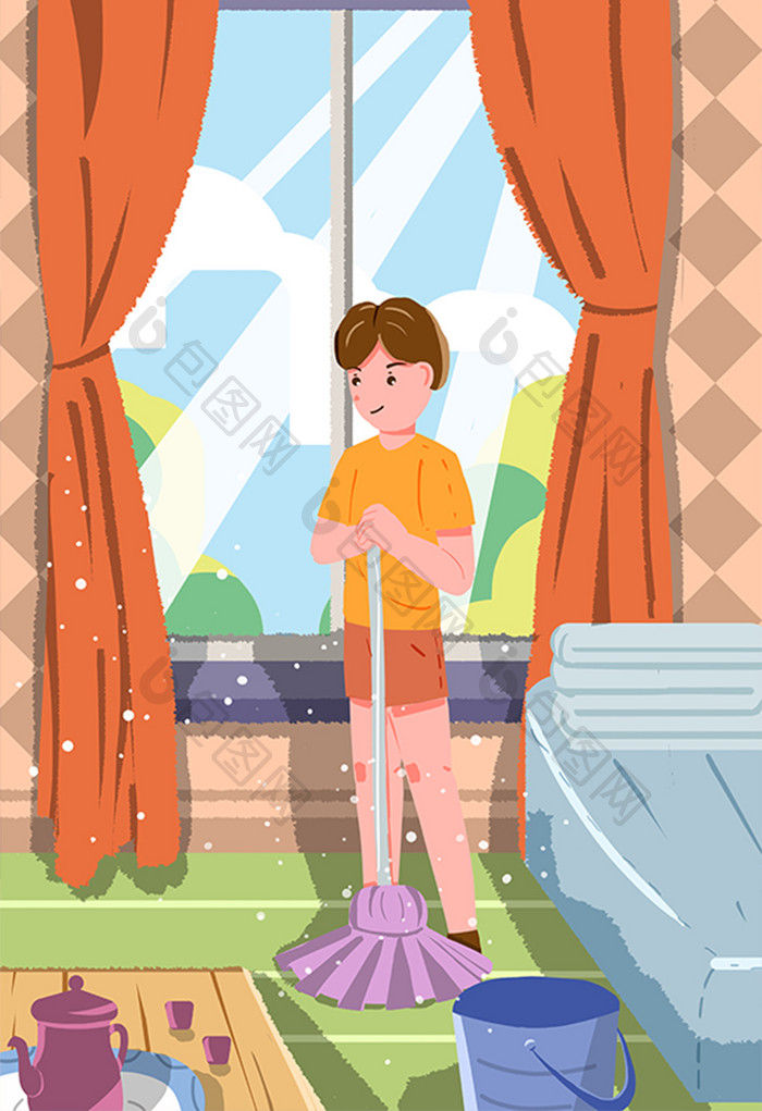 卡通扁平5.1劳动节打扫卫生做清洁插画