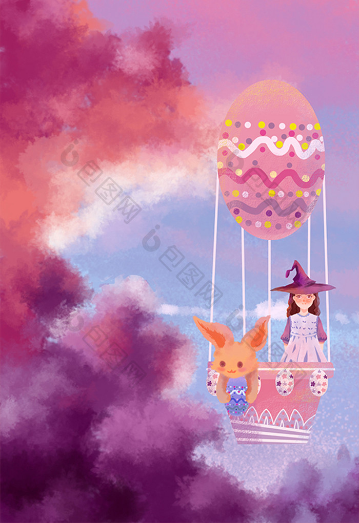 卡通扁平复活节彩蛋气球小兔子女孩天空插画