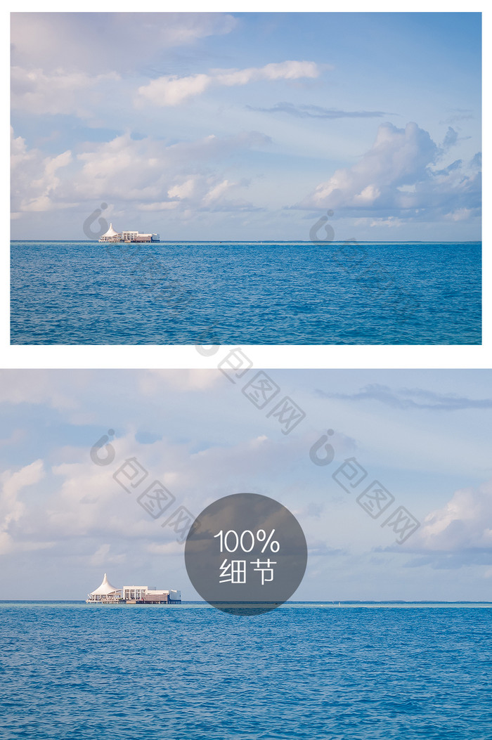 纯净马尔代夫蓝天白云海上小屋摄影图