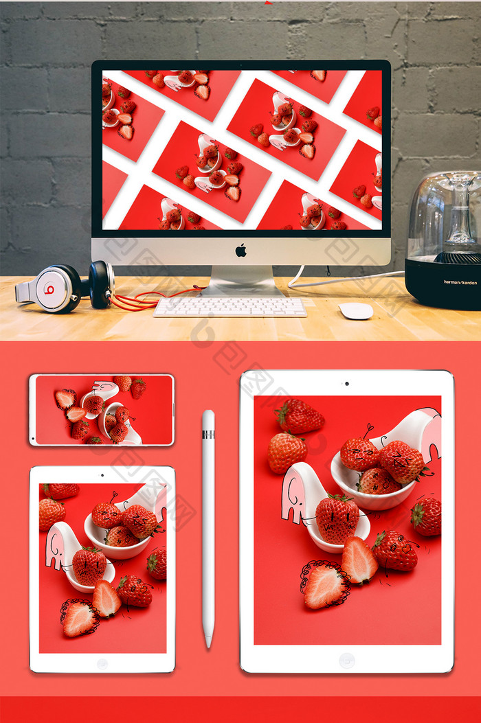 红色草莓瓷器场景俯视创意摄影插画GIF