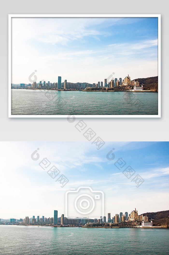 蓝色大气海边城市建筑摄影图