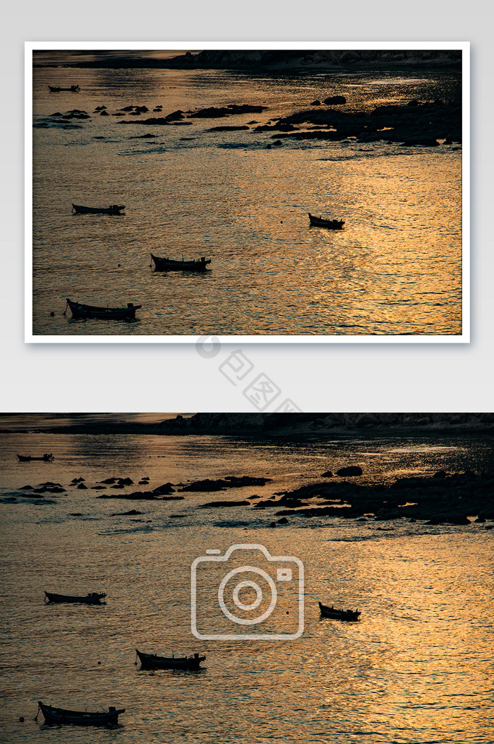 落日黄昏海上小船摄影图片