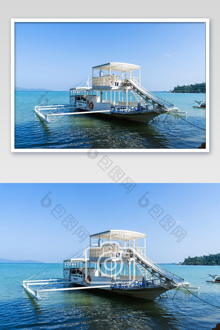 停靠海滩大型螃蟹船游船渔船摄影图图片图片