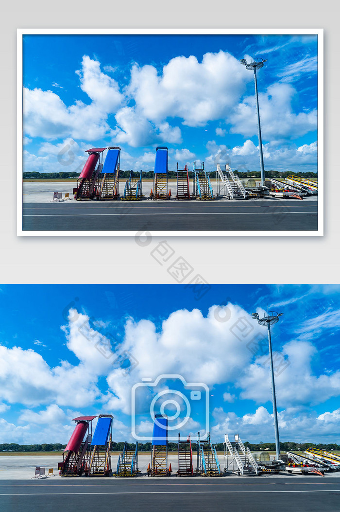 蓝天白云机场各式飞机客梯车摄影图