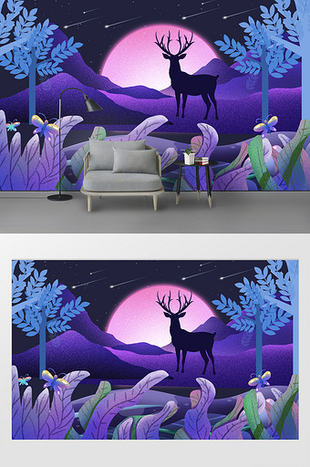 现代炫彩夜晚星空月光森林小鹿儿童房背景墙图片