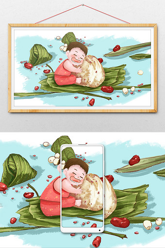 清新绿色可爱端午粽子插画图片