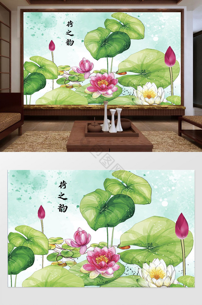 新中式工笔手绘荷花电视工笔荷花手背景墙图片