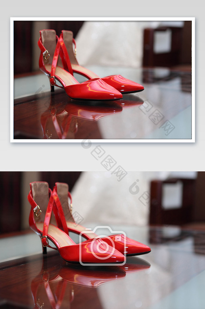 红色喜庆婚礼鞋高跟鞋摆拍摄影图