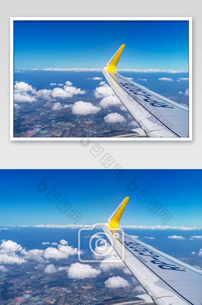 飞机飞行机翼蓝天白云俯瞰地面摄影图