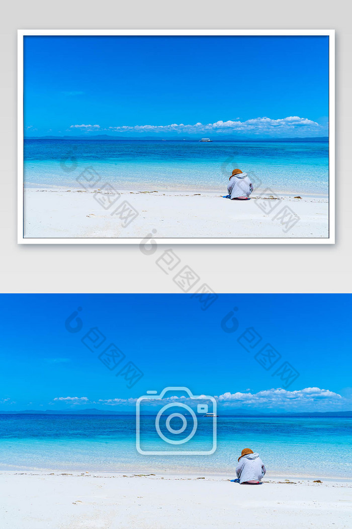 蓝天白云白色沙滩小孩背影度假摄影图图片图片