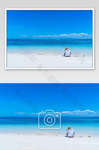 蓝天白云白色沙滩小孩背影度假摄影图图片