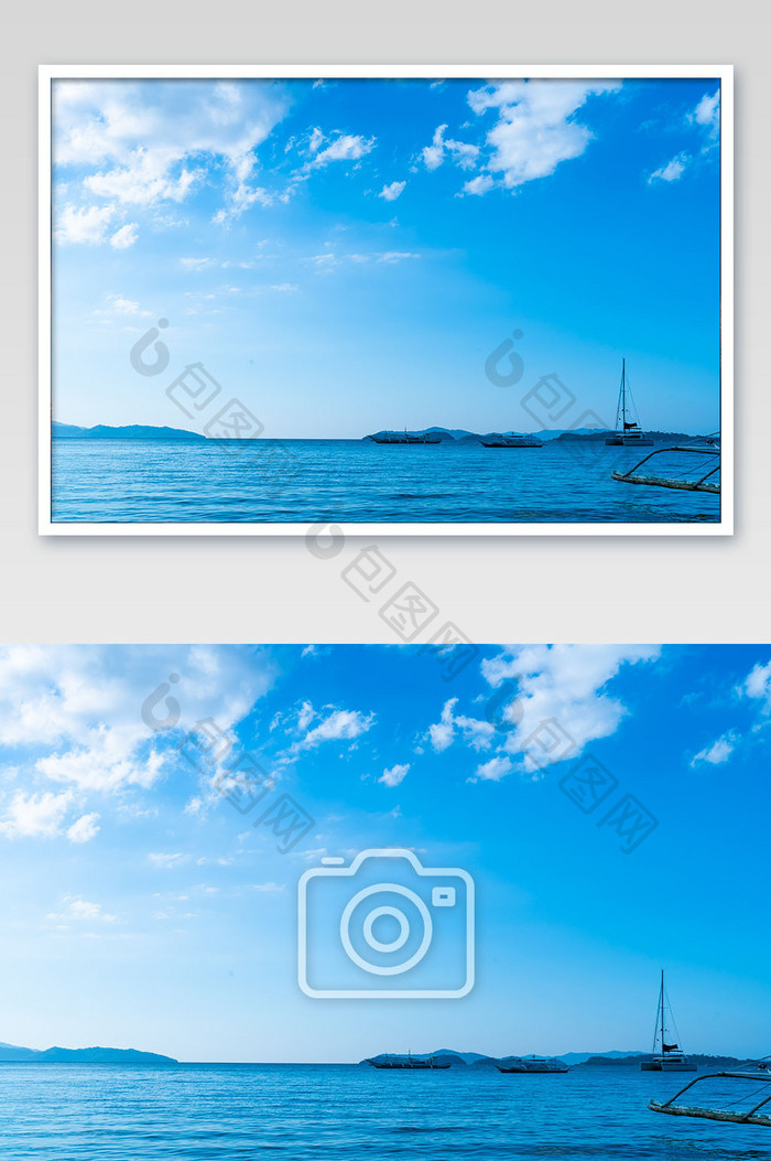 蓝天白云帆船渔船海岸线旅行摄影图