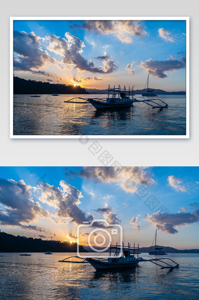 清晨白云蓝天日出归来渔船螃蟹船摄影图