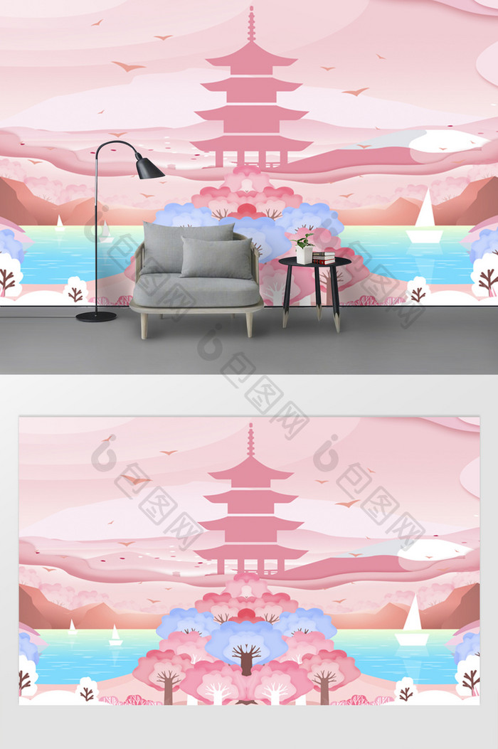 时尚简约粉色剪纸风樱花高塔电视背景墙