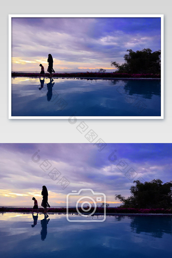 落日黄昏游泳池边行人剪影摄影图