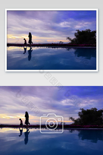 落日黄昏游泳池边行人剪影摄影图图片