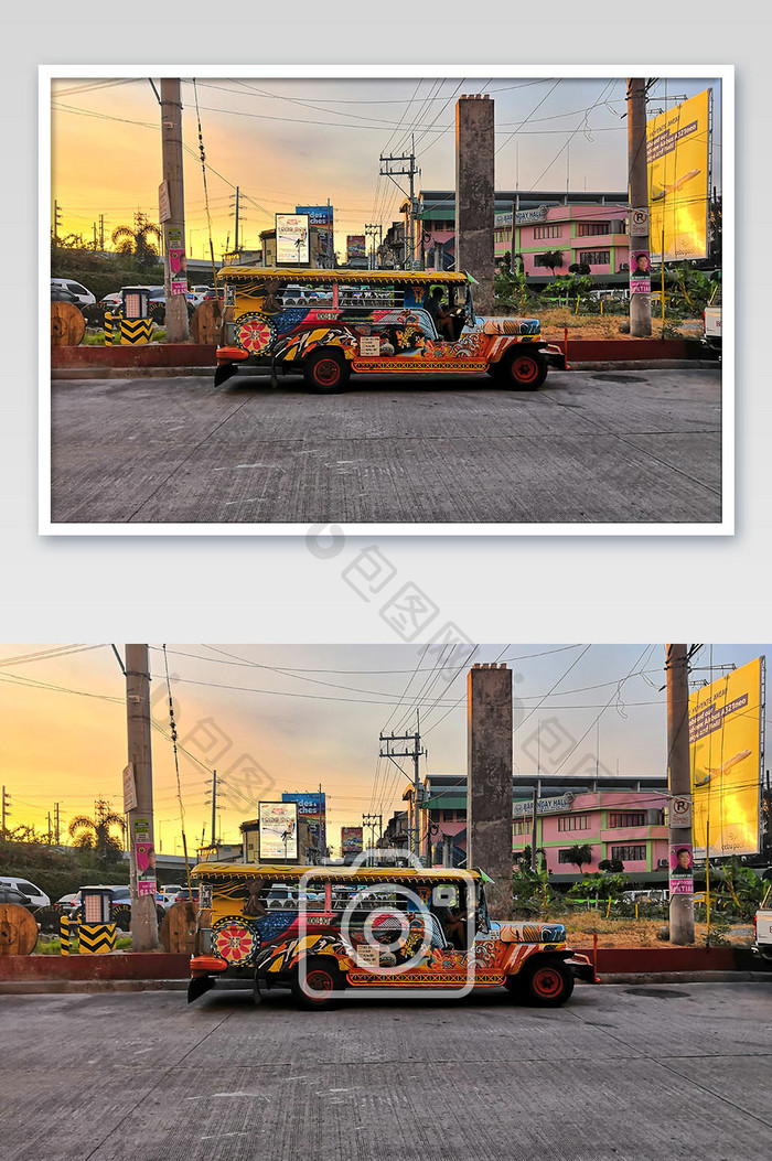 金色黄昏马尼拉街头涂鸦吉普尼公交车摄影图
