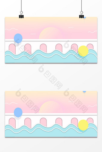 夏季小清新剪纸粉色桥廊背景图片