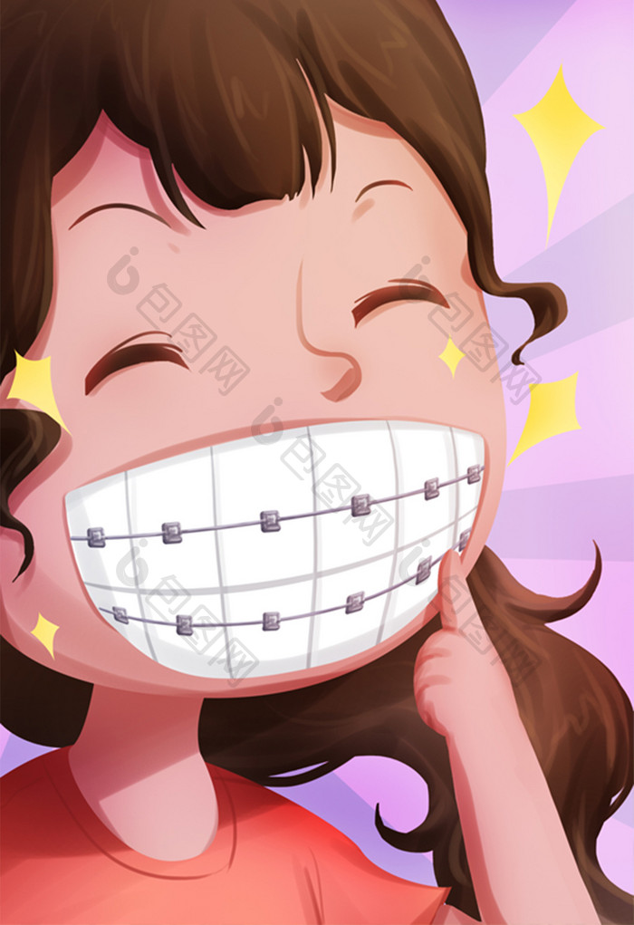 小女孩戴牙套修整牙齿插画