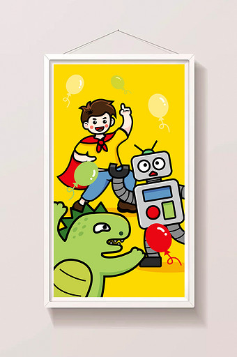 黄色欢乐描边风儿童节机器人恐龙超人插画图片