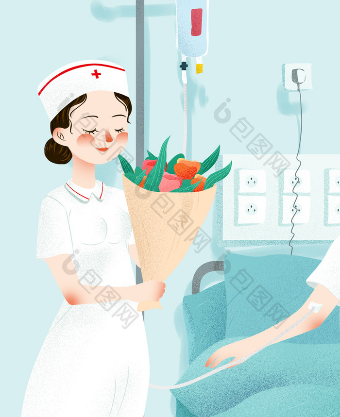 浅蓝色卡通手绘女护士开心花朵国际护士节