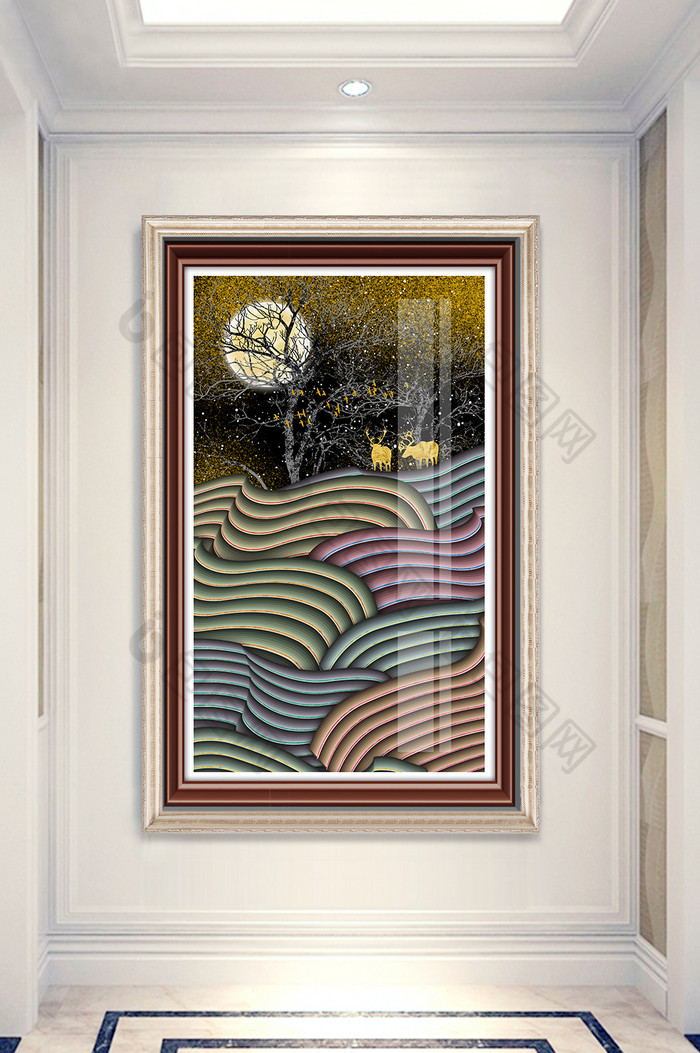 简欧大气山川树木麋鹿风景晶瓷玄关装饰画图片图片