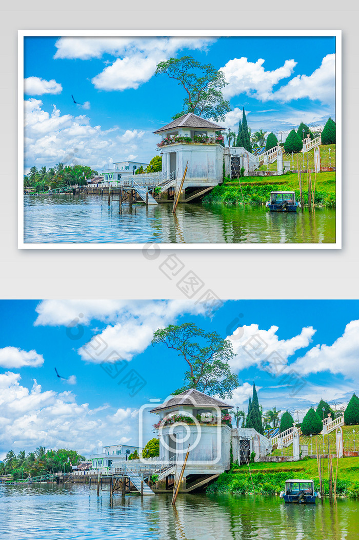 东南亚城市马来西亚古晋城市河边小屋摄影图