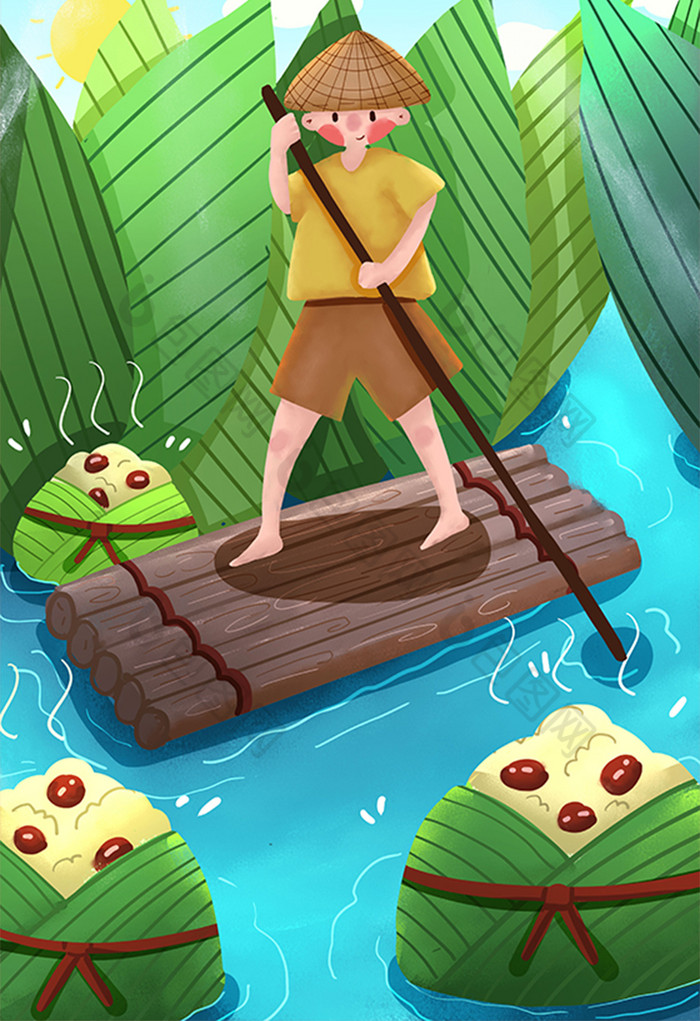 端午节吃粽子粽叶划船插画