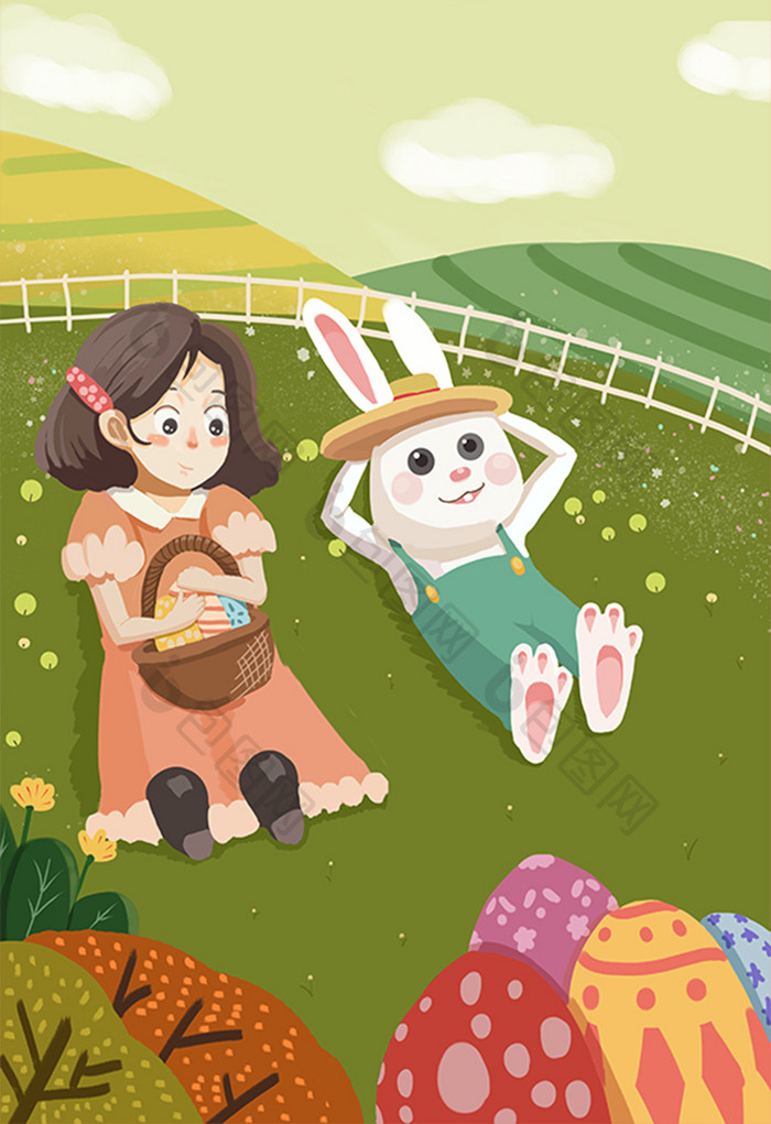 卡通扁平复活节女孩小兔子彩蛋宗教节日插画