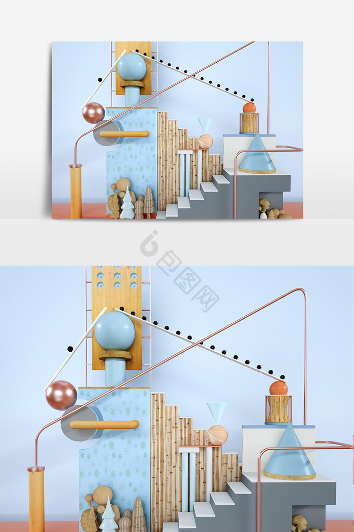 C4D暖色调几何物体场景模型OC渲染图片