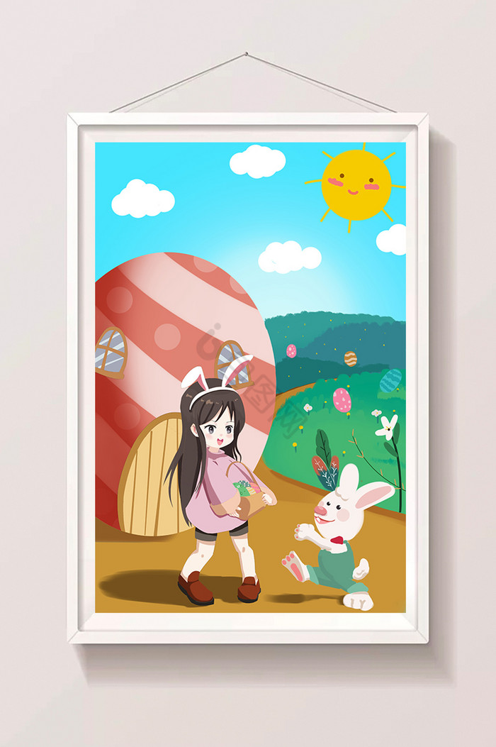 复活节彩蛋小兔子女孩插画图片