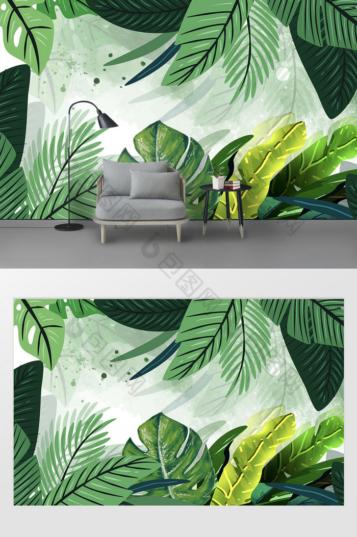 新现代简约手绘花绿植叶子背景墙壁画