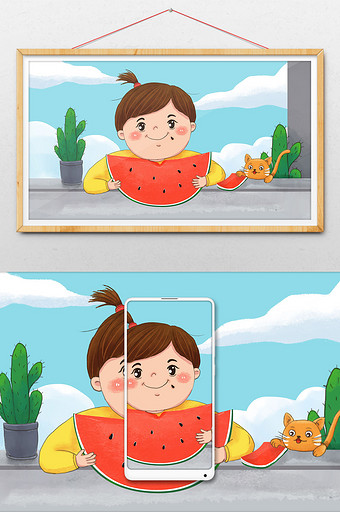 清新夏日节气女孩阳台吃西瓜插画图片