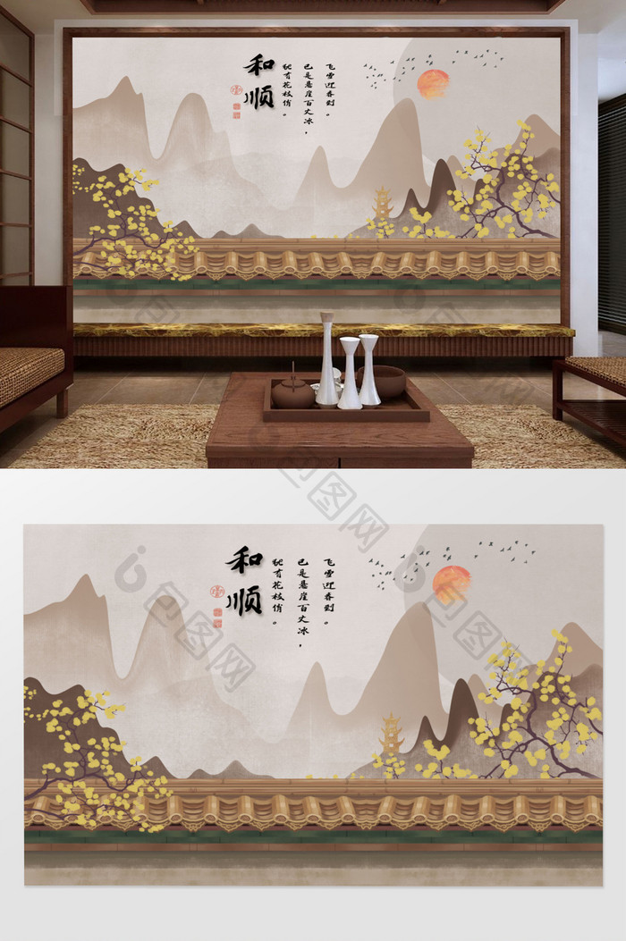 中式手绘梨花红墙花鸟背景墙装饰画