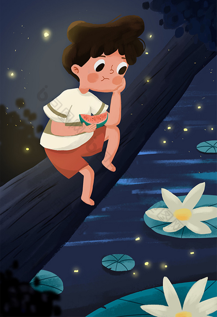 夏至消暑乘凉荷叶荷花夜晚儿童插画图片