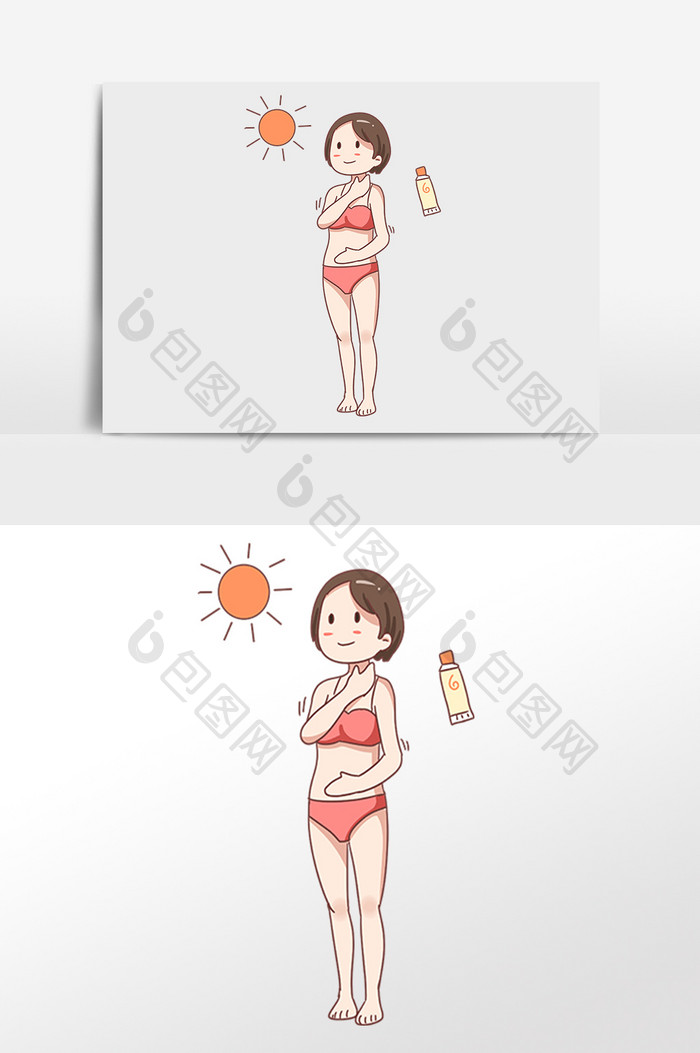 手绘夏季海滩抹防晒霜女孩插画