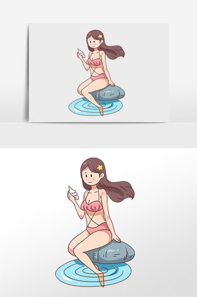 手绘夏季海滩游泳玩耍女孩插画