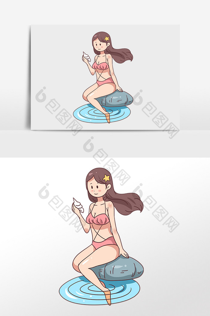 手绘夏季海滩游泳玩耍女孩插画