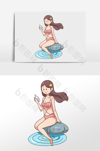 手绘夏季海滩游泳玩耍女孩插画图片